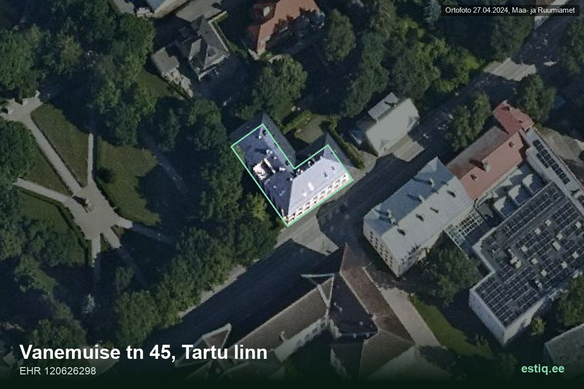 Vanemuise tänav 45, Tartu – hoone aerofoto, kontuur ehitisregistri (EHR) andmetest
