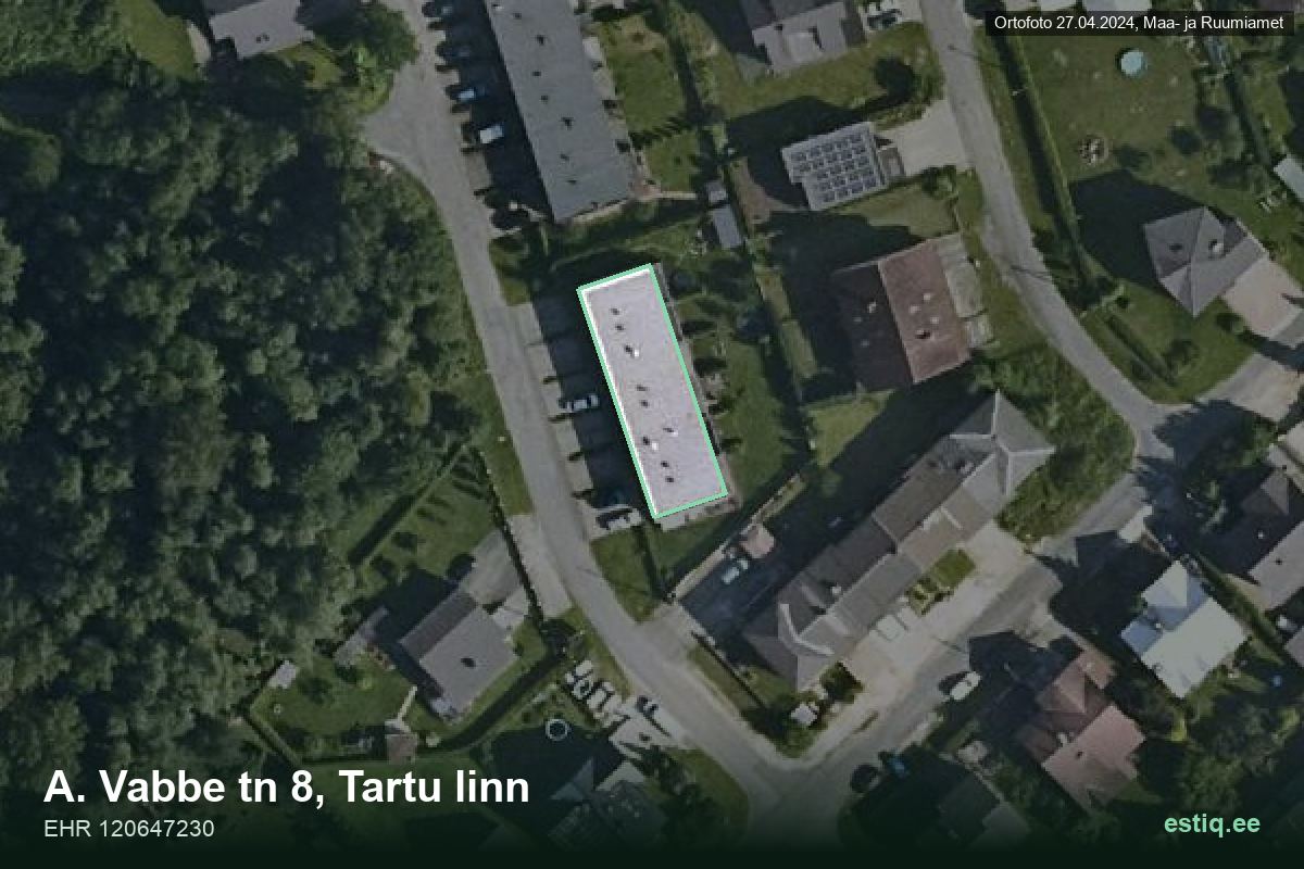 A. Vabbe tänav 8, Tartu – ilmakuva rakennuksesta, ääriviiva rakennusrekisteristä (EHR)