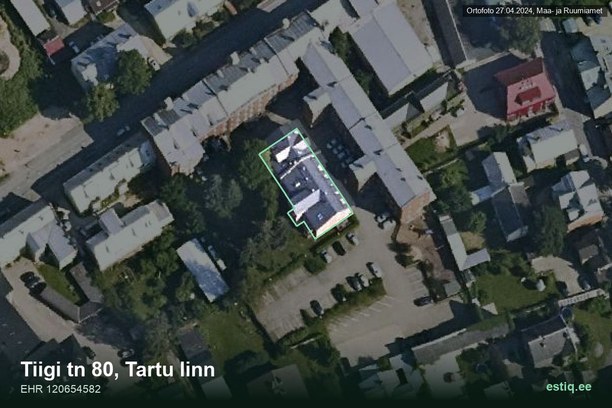 Tiigi tänav 80, Tartu – аэрофото дома, контур по данным регистра строений (EHR)