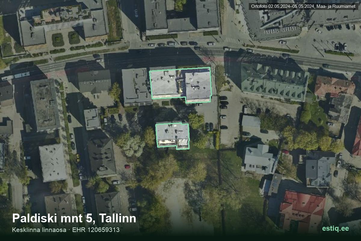 Paldiski mnt 5, Tallinn – аэрофото дома, контур по данным регистра строений (EHR)