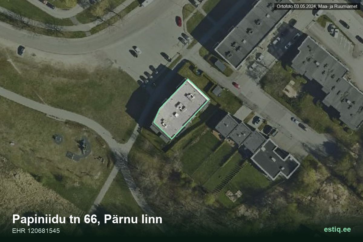 Papiniidu tänav 66, Pärnu – hoone aerofoto, kontuur ehitisregistri (EHR) andmetest