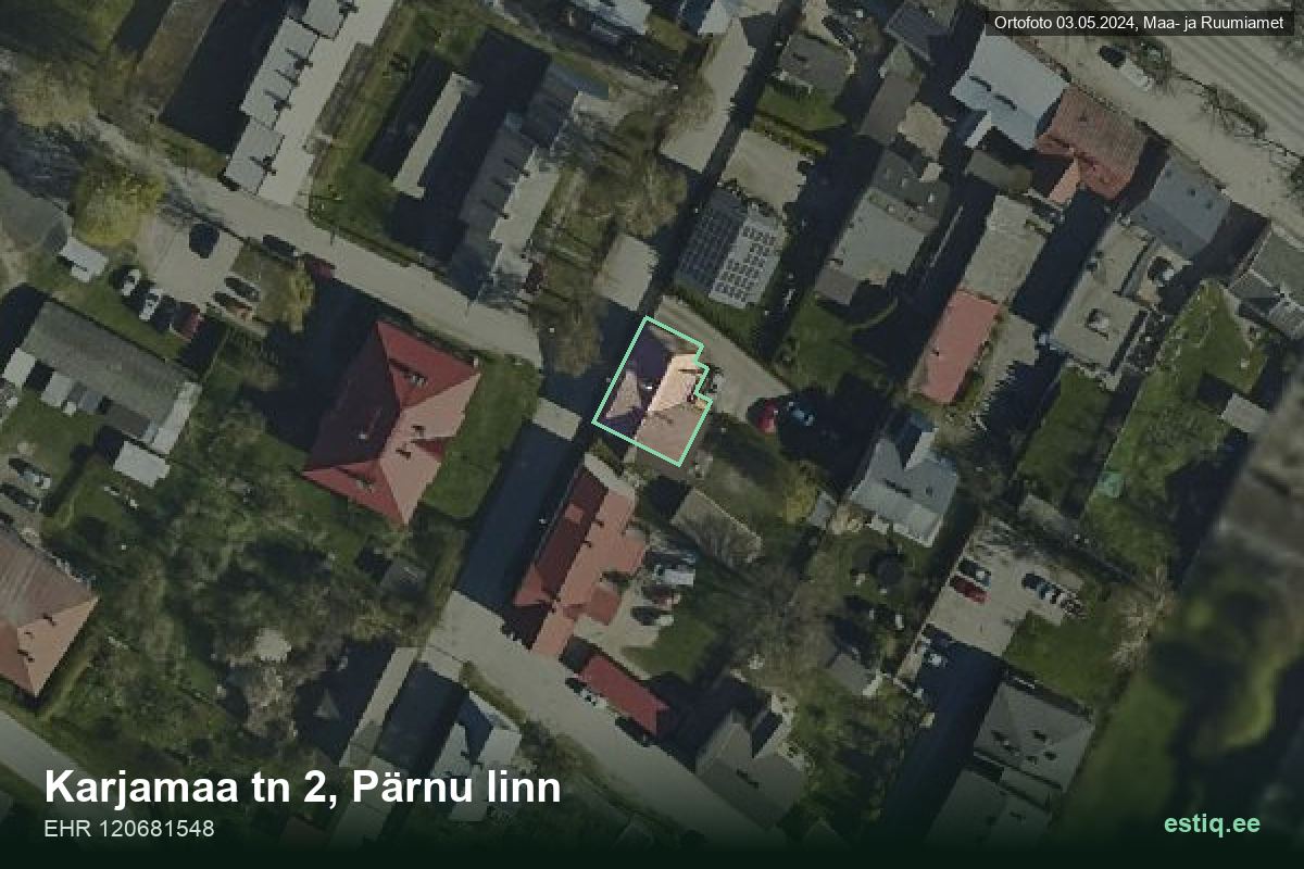 Karjamaa tänav 2, Pärnu – ilmakuva rakennuksesta, ääriviiva rakennusrekisteristä (EHR)