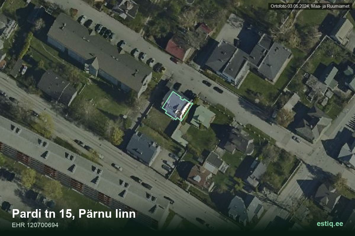 Pardi tänav 15, Pärnu – hoone aerofoto, kontuur ehitisregistri (EHR) andmetest