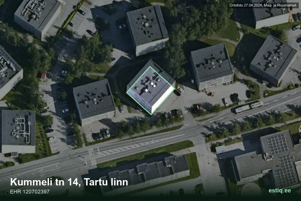 Kummeli tänav 14, Tartu – hoone aerofoto, kontuur ehitisregistri (EHR) andmetest