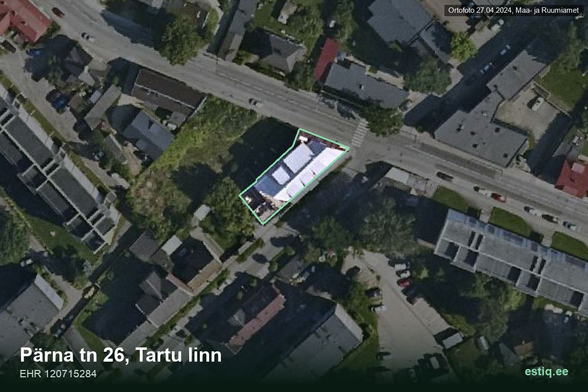 Pärna tänav 26, Tartu – аэрофото дома, контур по данным регистра строений (EHR)