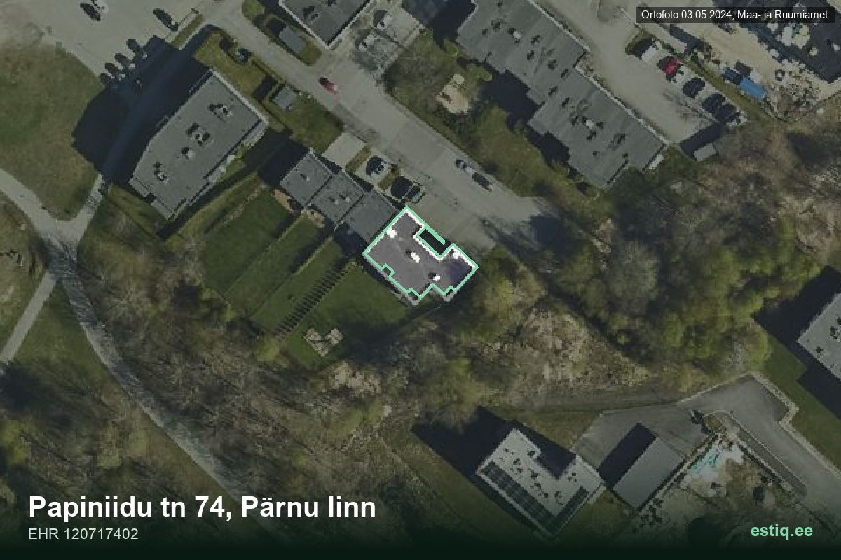 Papiniidu tänav 74, Pärnu – hoone aerofoto, kontuur ehitisregistri (EHR) andmetest