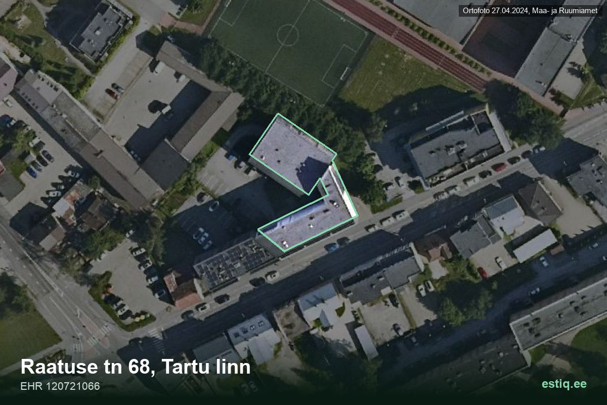 Raatuse tänav 68, Tartu – hoone aerofoto, kontuur ehitisregistri (EHR) andmetest