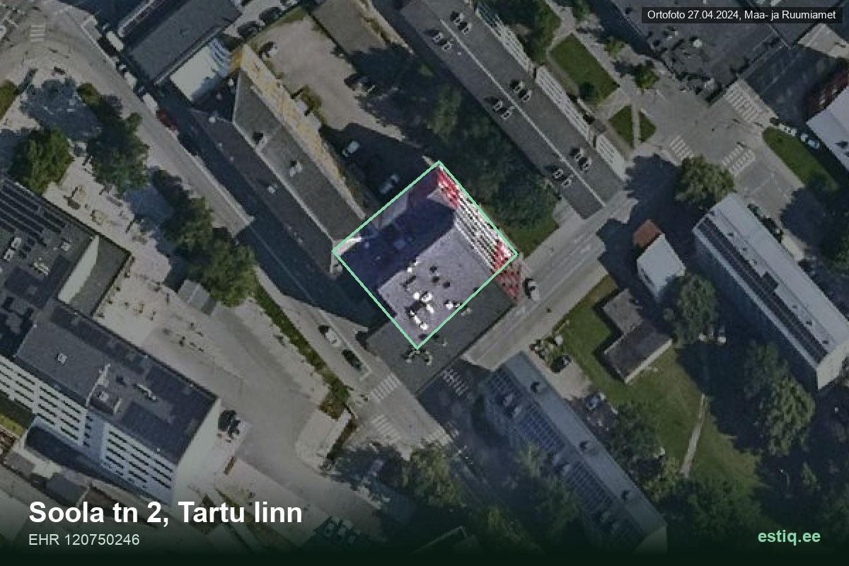 Soola tänav 2, Tartu – ilmakuva rakennuksesta, ääriviiva rakennusrekisteristä (EHR)