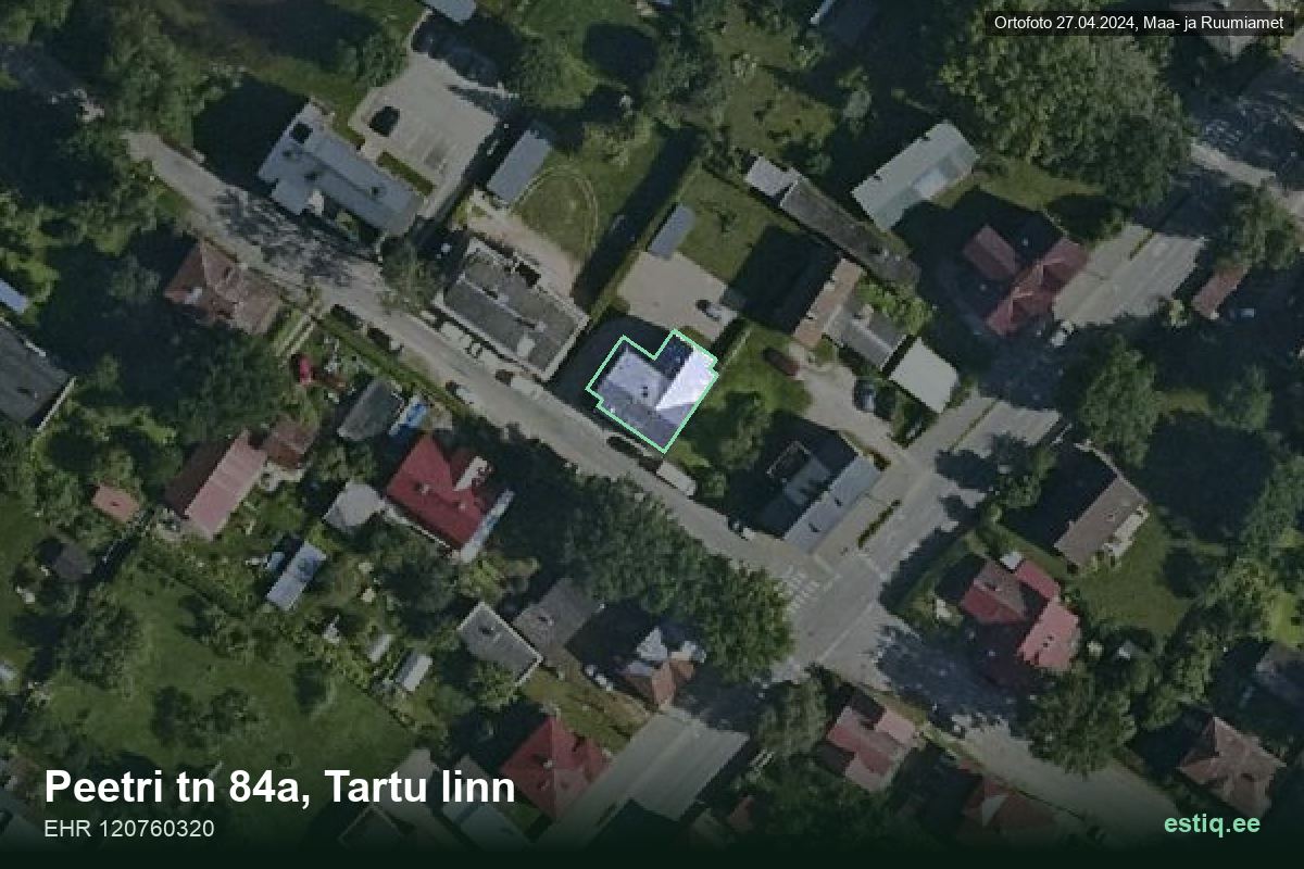 Peetri tänav 84a, Tartu – аэрофото дома, контур по данным регистра строений (EHR)