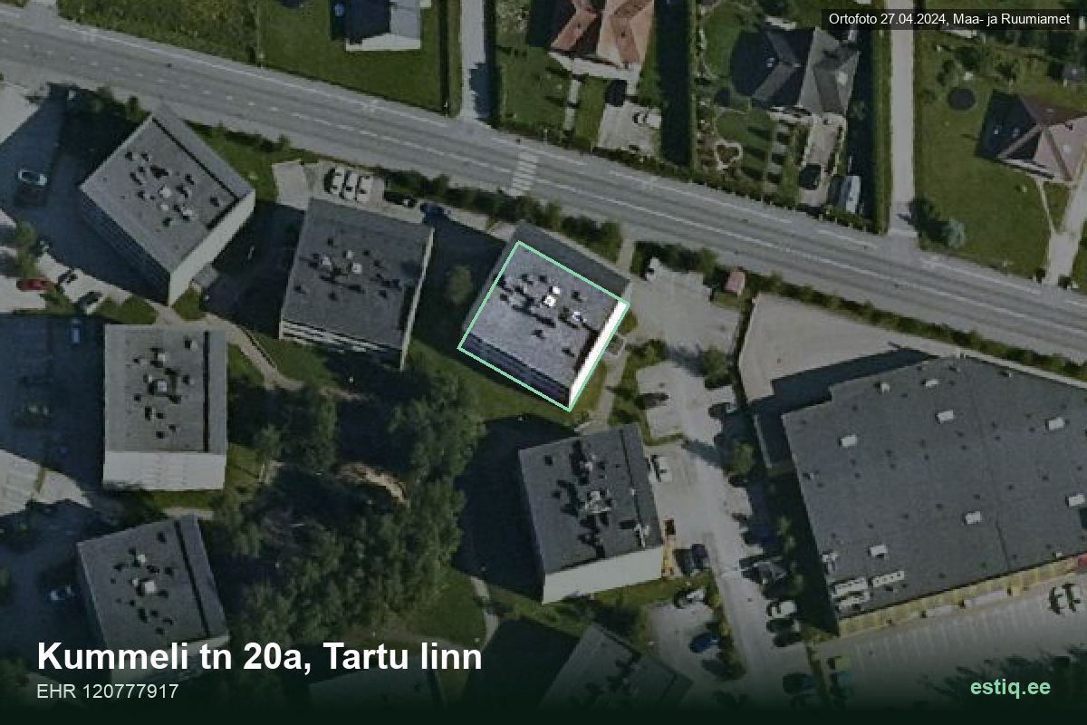 Kummeli tänav 20a, Tartu – аэрофото дома, контур по данным регистра строений (EHR)