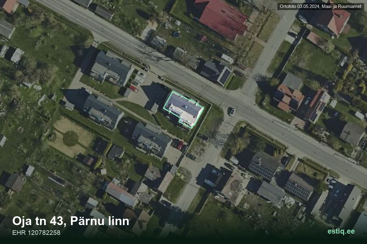 Oja tänav 43, Pärnu – hoone aerofoto, kontuur ehitisregistri (EHR) andmetest