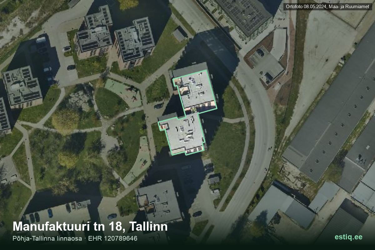 Manufaktuuri tänav 18, Tallinn – hoone aerofoto, kontuur ehitisregistri (EHR) andmetest
