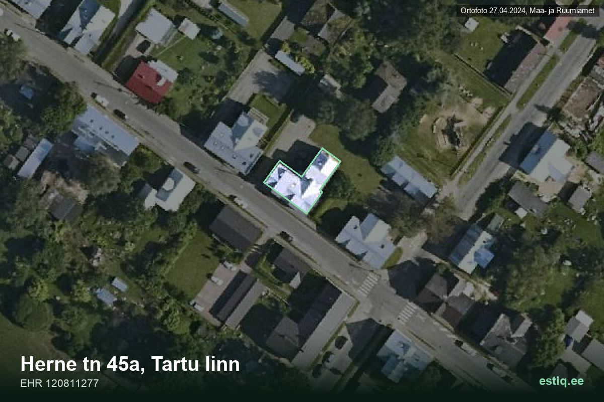 Herne tänav 45a, Tartu – ilmakuva rakennuksesta, ääriviiva rakennusrekisteristä (EHR)