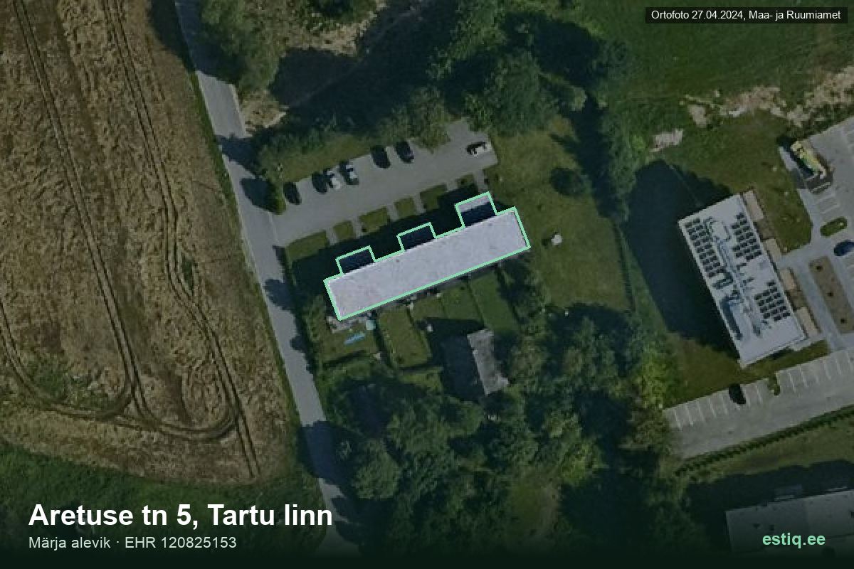 Aretuse tänav 5, Tartu – аэрофото дома, контур по данным регистра строений (EHR)