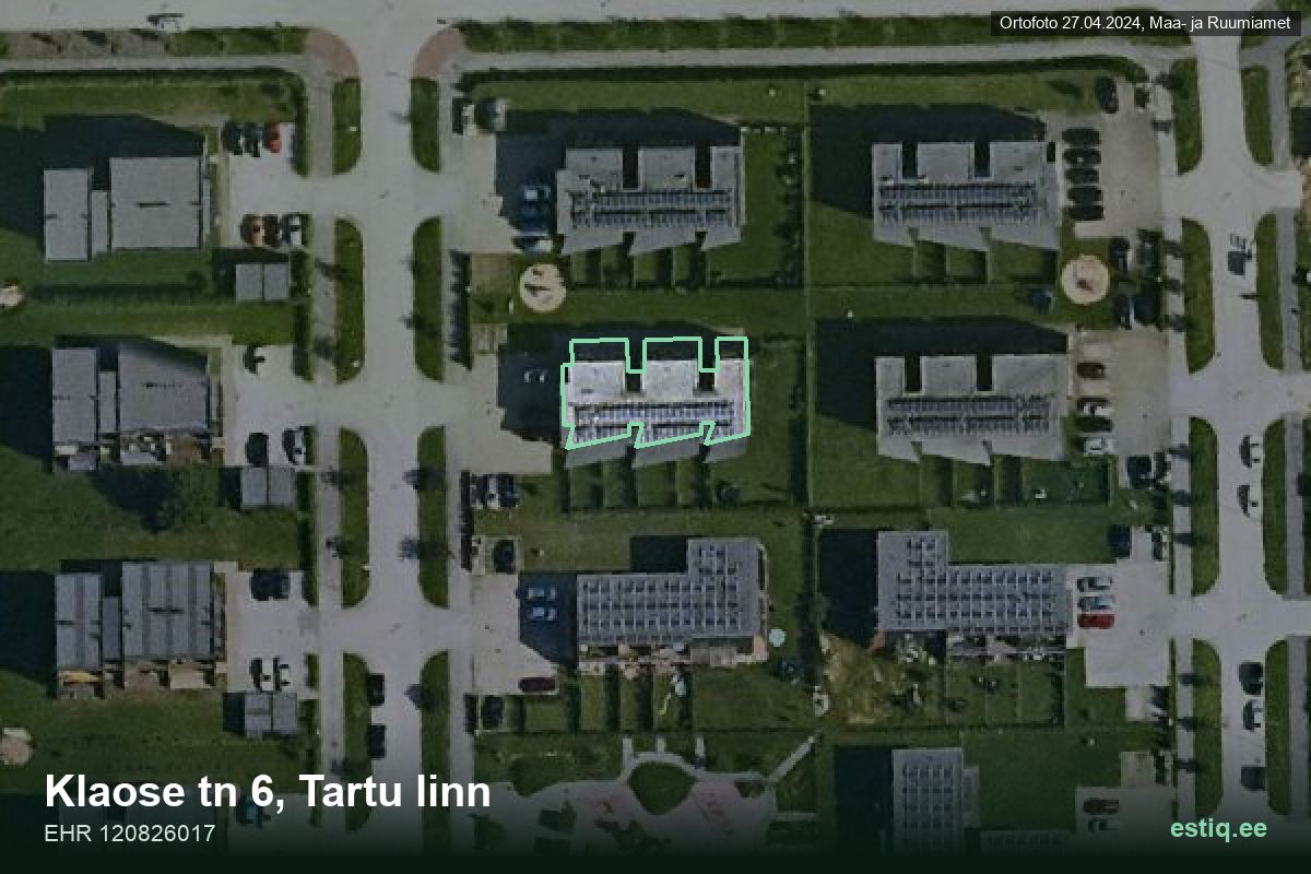 Klaose tänav 6, Tartu – hoone aerofoto, kontuur ehitisregistri (EHR) andmetest
