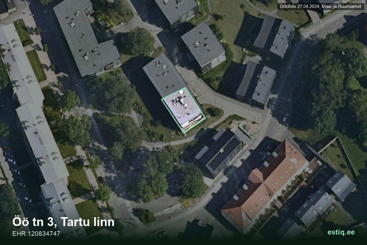 Öö tänav 3, Tartu – hoone aerofoto, kontuur ehitisregistri (EHR) andmetest
