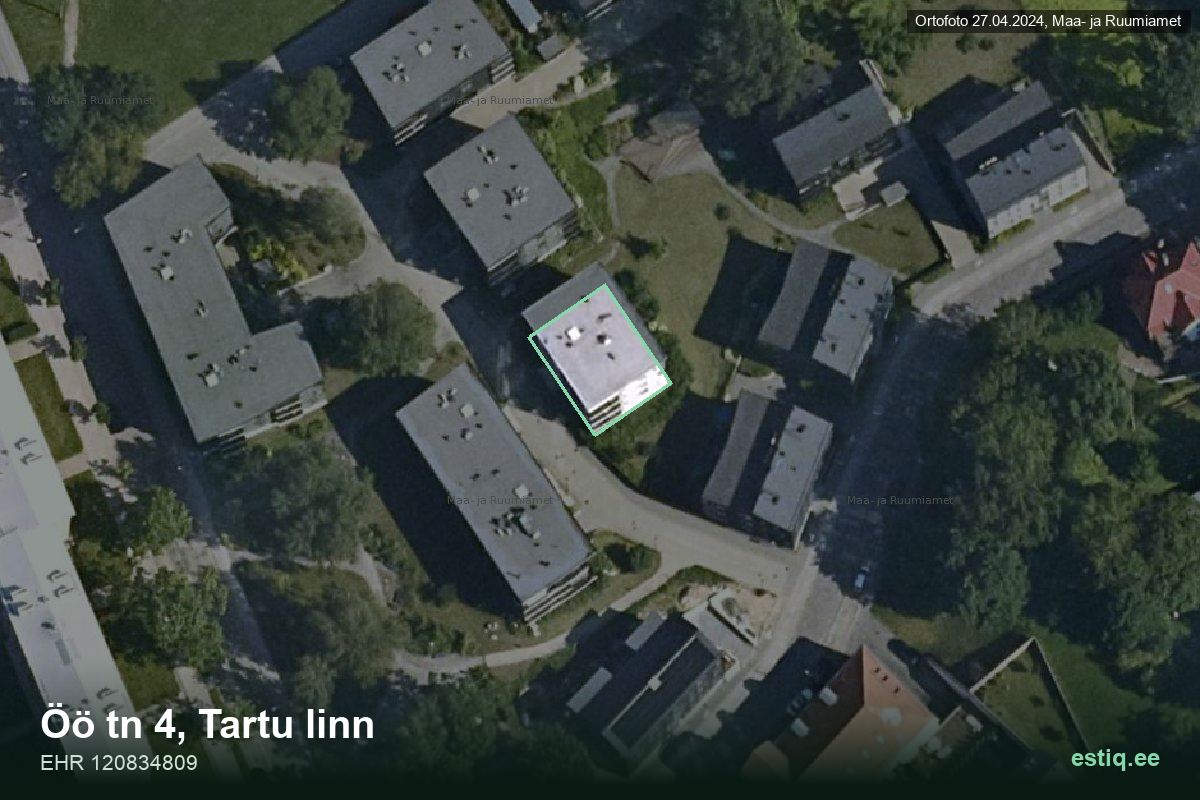 Öö tänav 4, Tartu – hoone aerofoto, kontuur ehitisregistri (EHR) andmetest