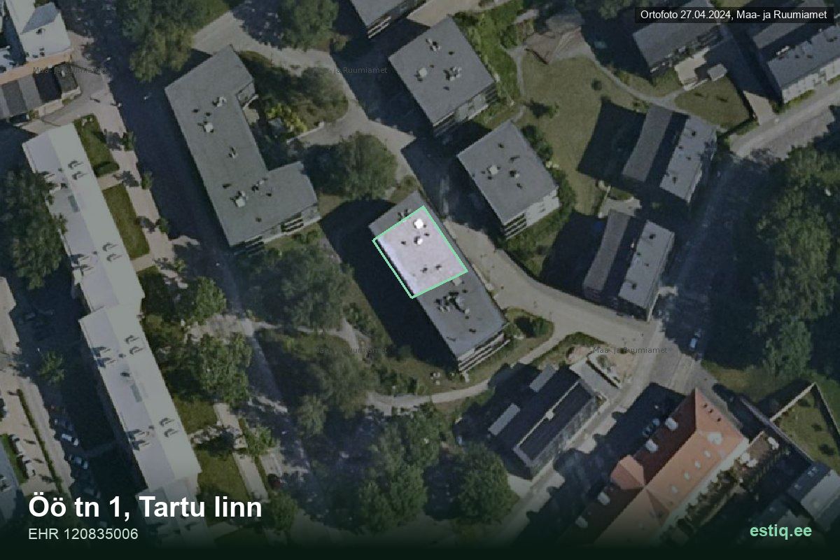 Öö tänav 1, Tartu – aerial photo of the building, outline from the Building Register (EHR)