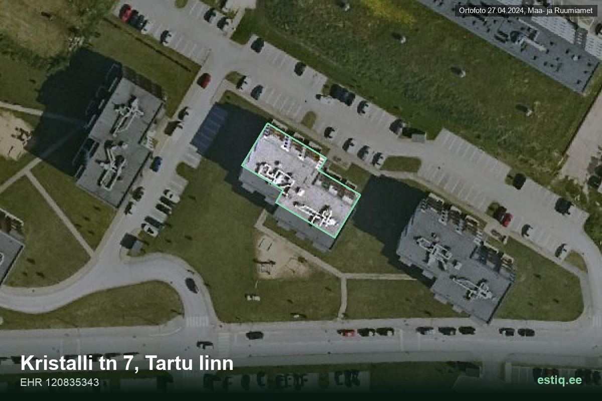 Kristalli tänav 7, Tartu – hoone aerofoto, kontuur ehitisregistri (EHR) andmetest