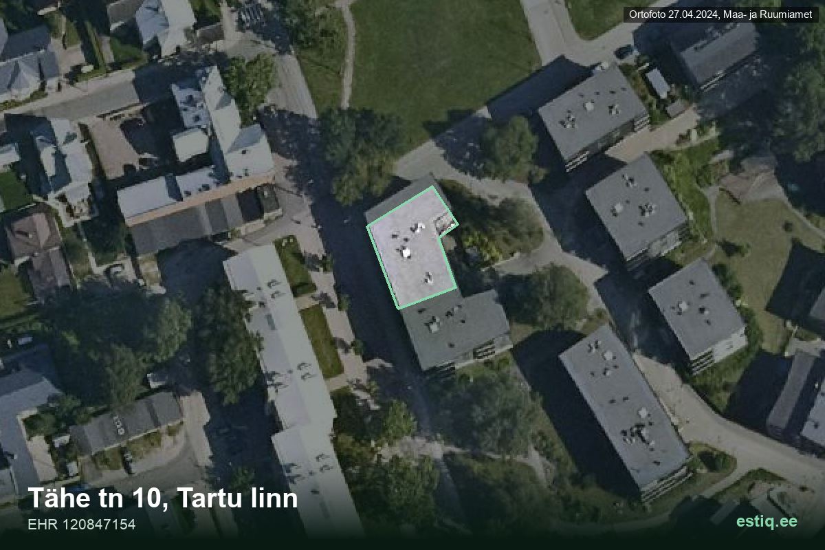 Tähe tänav 10, Tartu – hoone aerofoto, kontuur ehitisregistri (EHR) andmetest