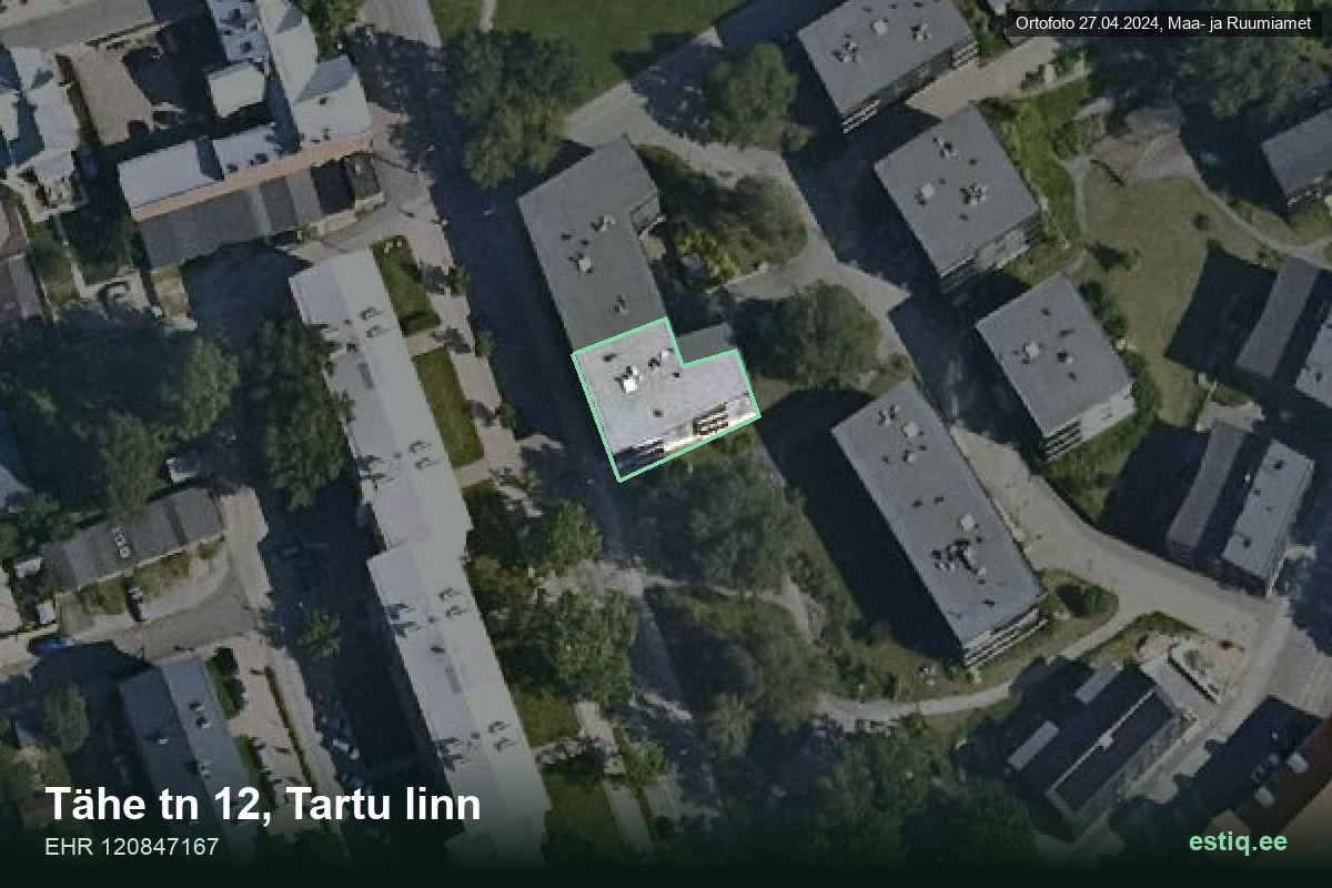 Tähe tänav 12, Tartu – hoone aerofoto, kontuur ehitisregistri (EHR) andmetest
