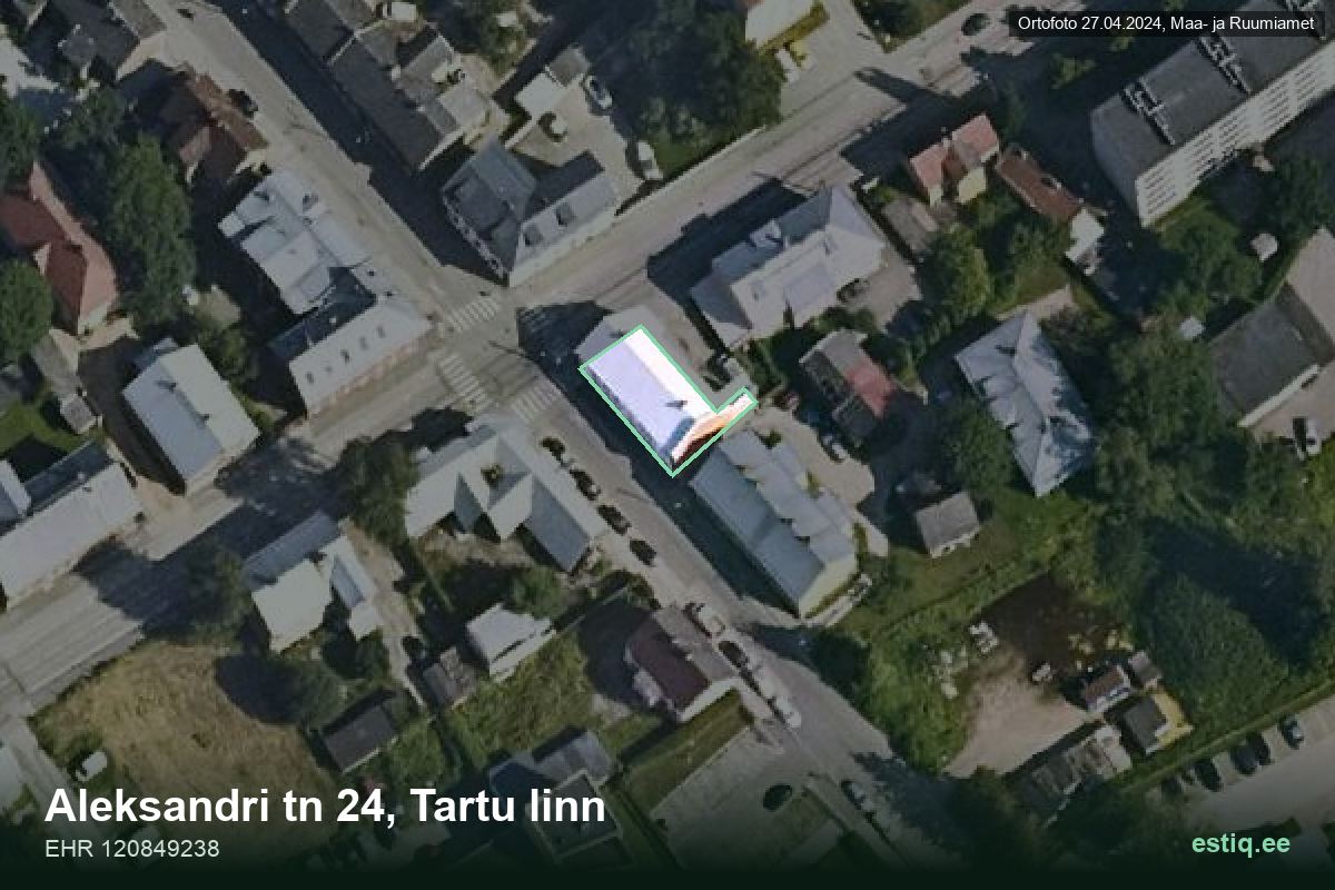 Aleksandri tänav 24, Tartu – hoone aerofoto, kontuur ehitisregistri (EHR) andmetest