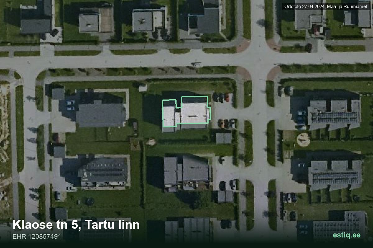 Klaose tänav 5, Tartu – hoone aerofoto, kontuur ehitisregistri (EHR) andmetest