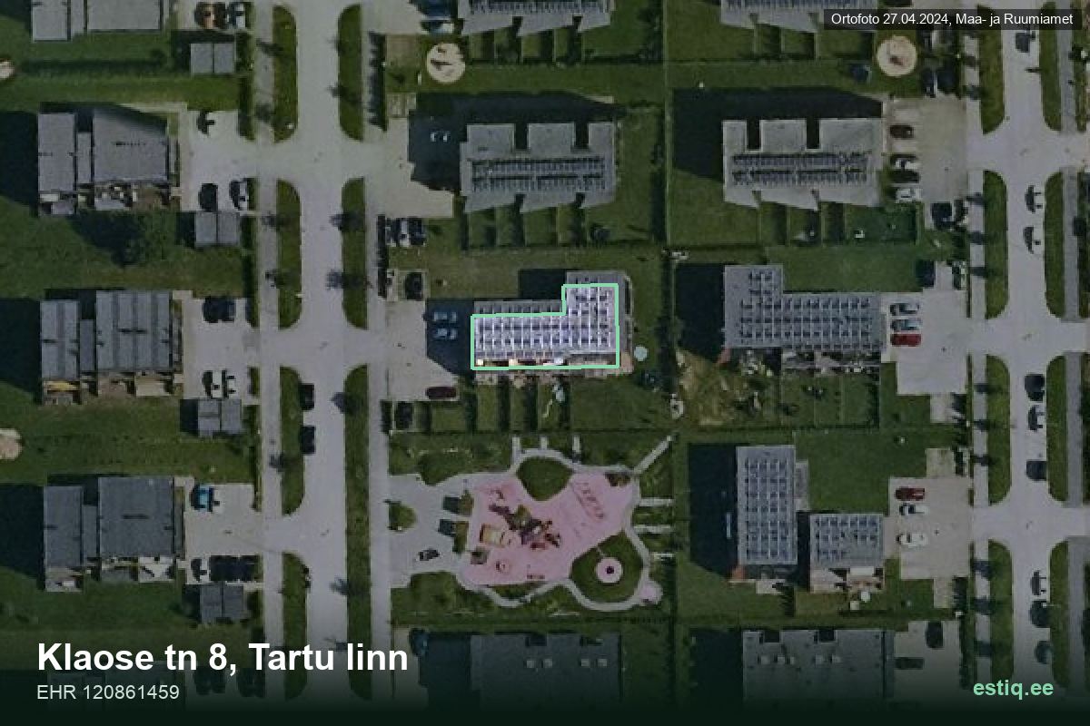 Klaose tänav 8, Tartu – hoone aerofoto, kontuur ehitisregistri (EHR) andmetest