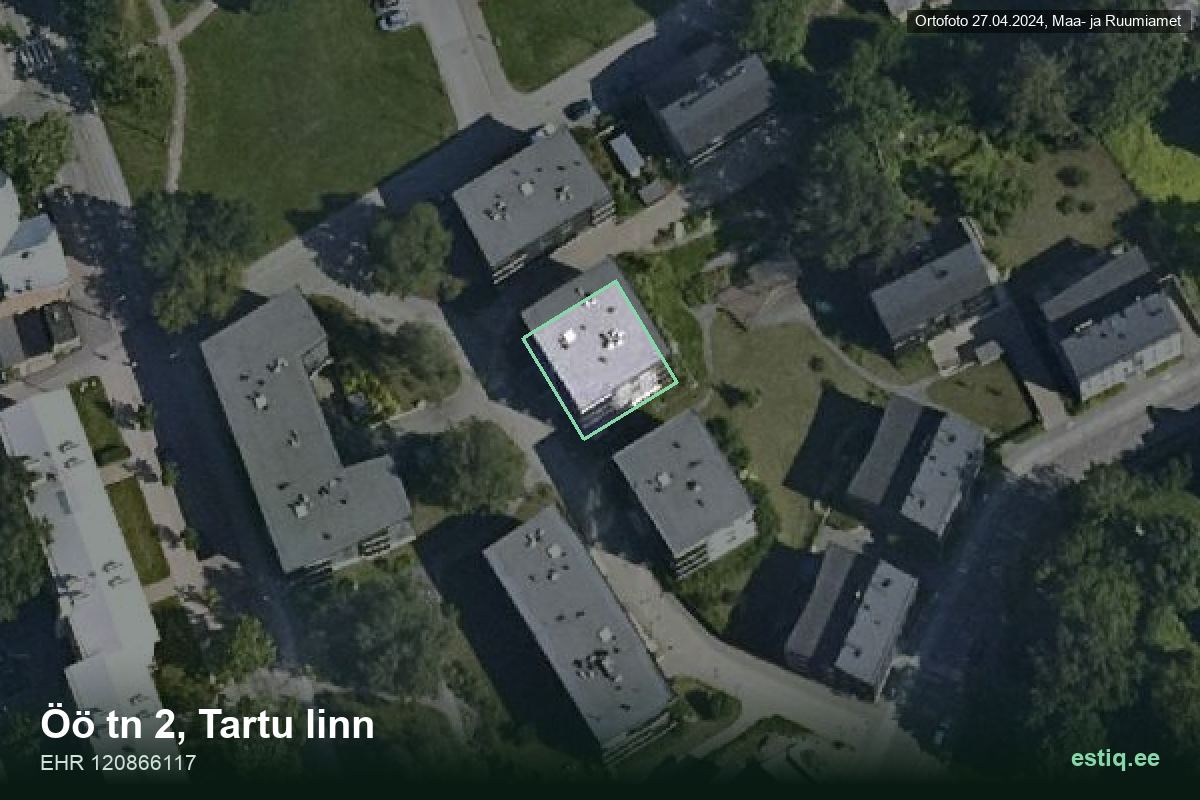 Öö tänav 2, Tartu – ilmakuva rakennuksesta, ääriviiva rakennusrekisteristä (EHR)