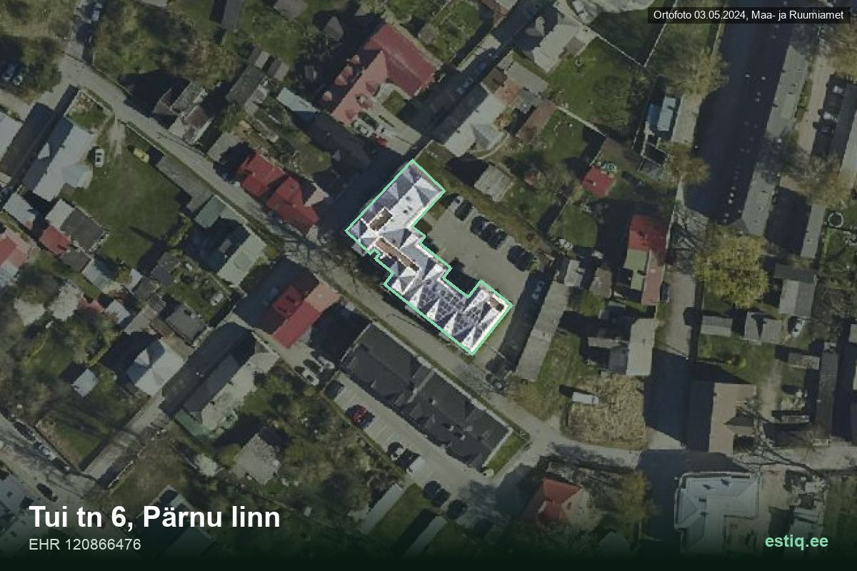 Tui tänav 6, Pärnu – ilmakuva rakennuksesta, ääriviiva rakennusrekisteristä (EHR)