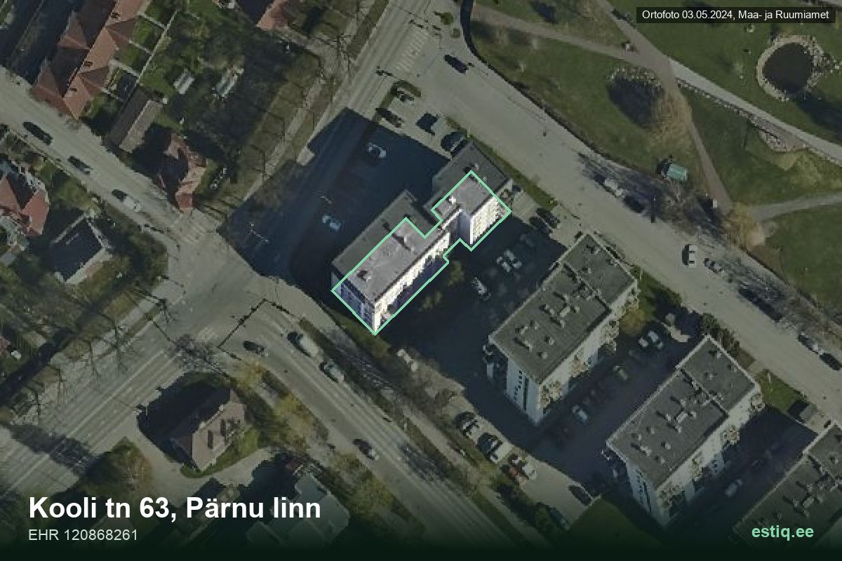 Kooli tänav 63, Pärnu – hoone aerofoto, kontuur ehitisregistri (EHR) andmetest