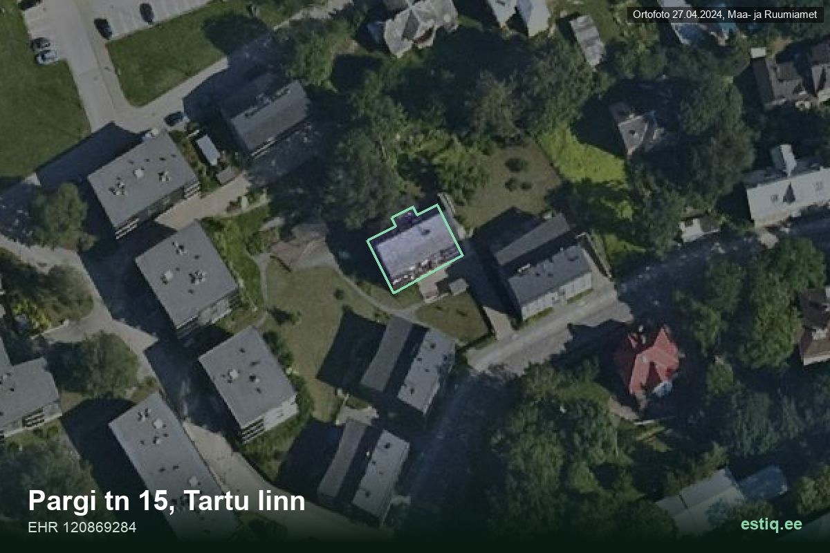 Pargi tänav 15, Tartu – аэрофото дома, контур по данным регистра строений (EHR)