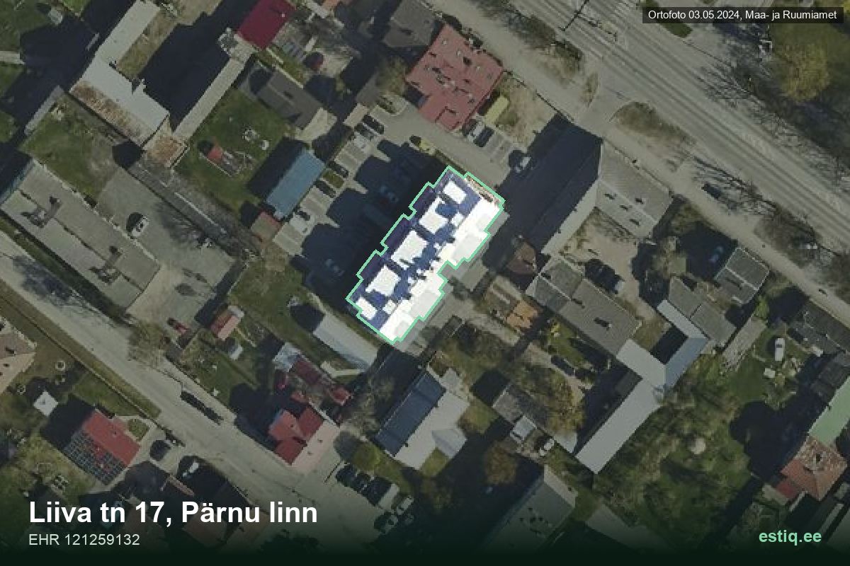 Liiva tänav 17, Pärnu – ilmakuva rakennuksesta, ääriviiva rakennusrekisteristä (EHR)