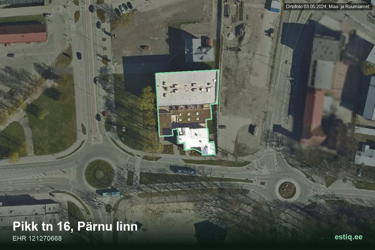 Pikk tänav 16, Pärnu – hoone aerofoto, kontuur ehitisregistri (EHR) andmetest
