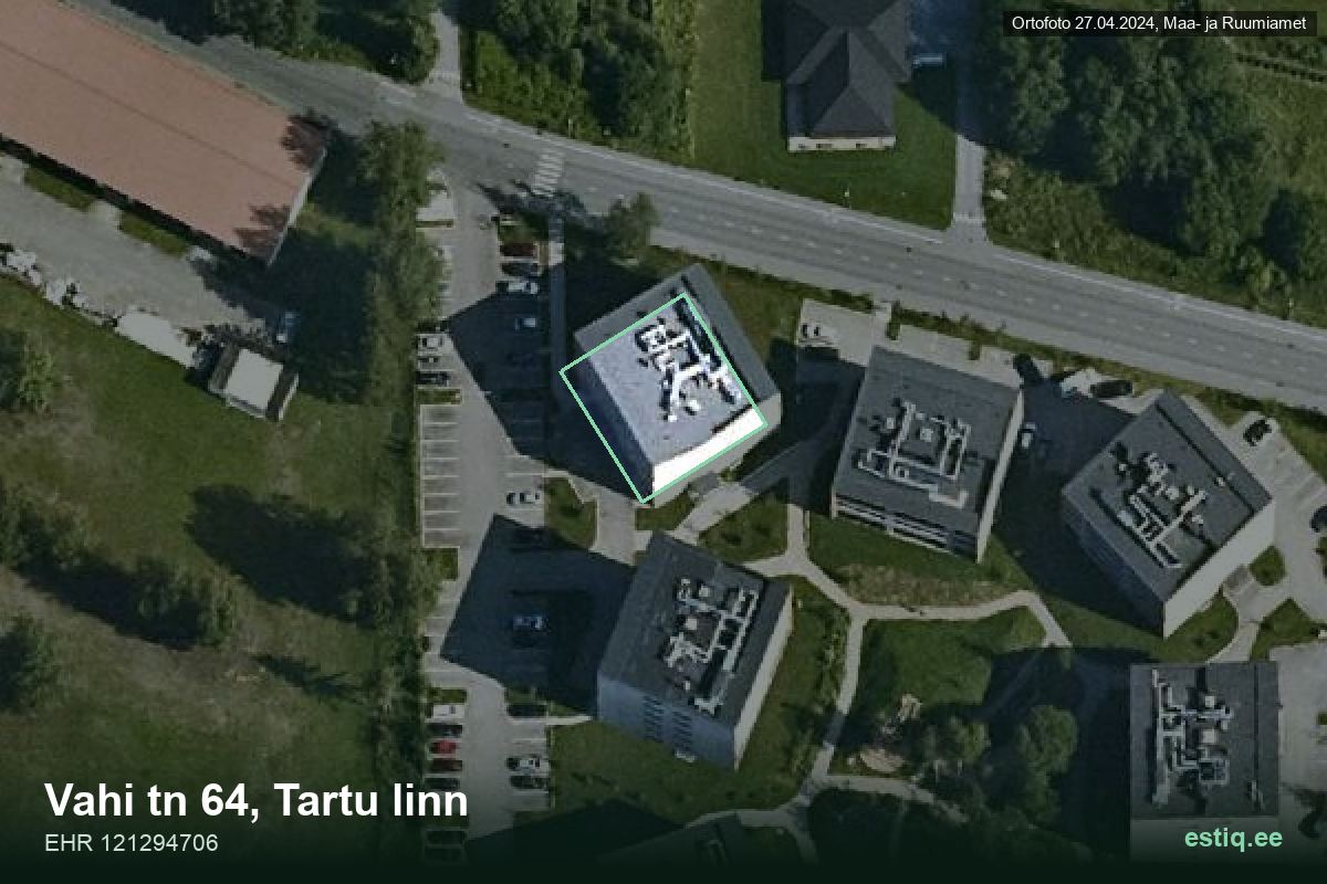 Vahi tänav 64, Tartu – hoone aerofoto, kontuur ehitisregistri (EHR) andmetest