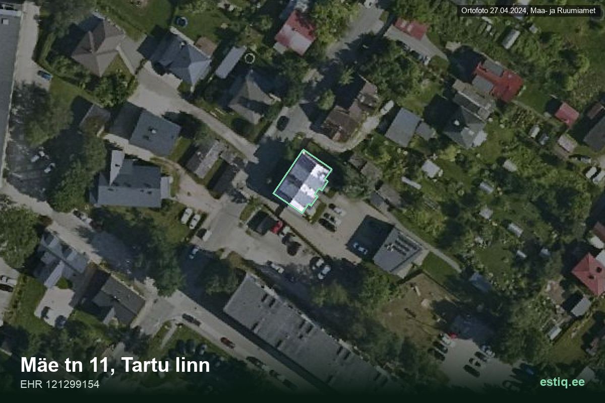 Mäe tänav 11, Tartu – аэрофото дома, контур по данным регистра строений (EHR)