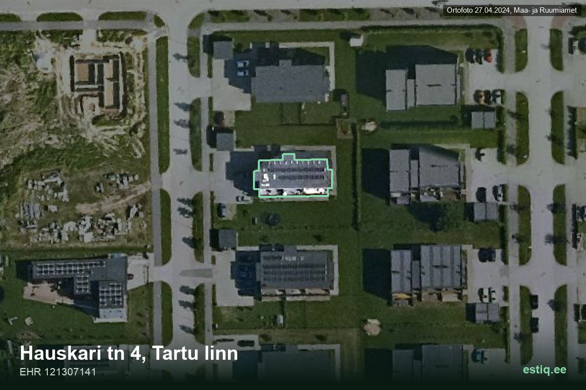 Hauskari tänav 4, Tartu – аэрофото дома, контур по данным регистра строений (EHR)