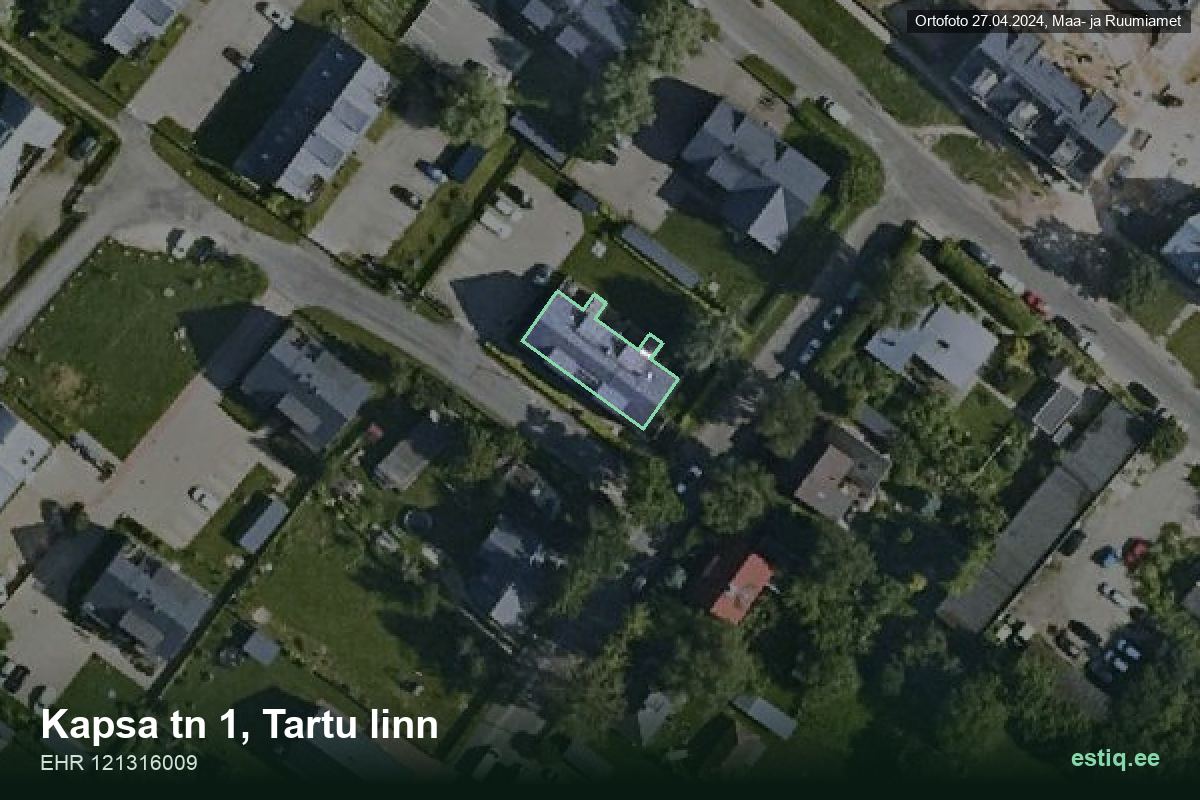 Kapsa tänav 1, Tartu – hoone aerofoto, kontuur ehitisregistri (EHR) andmetest