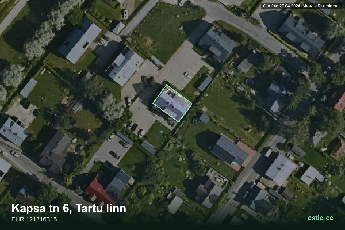 Kapsa tänav 6, Tartu – hoone aerofoto, kontuur ehitisregistri (EHR) andmetest