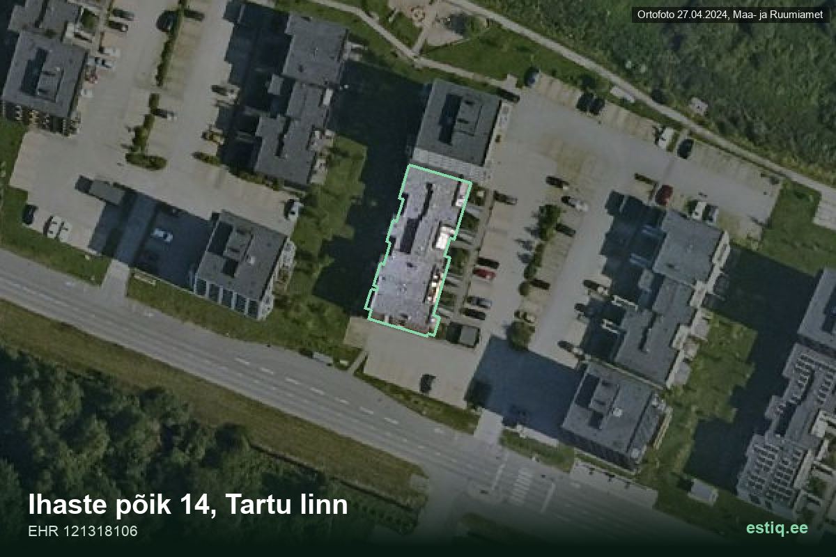 Ihaste põik 14, Tartu – аэрофото дома, контур по данным регистра строений (EHR)