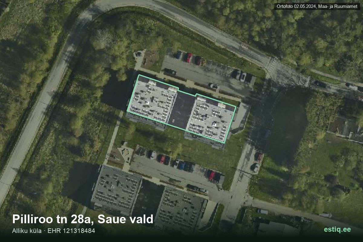 Pilliroo tänav 28a, Saue – hoone aerofoto, kontuur ehitisregistri (EHR) andmetest