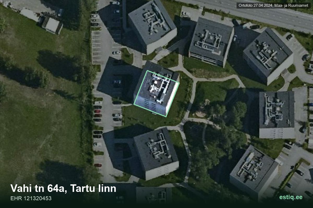 Vahi tänav 64a, Tartu – hoone aerofoto, kontuur ehitisregistri (EHR) andmetest