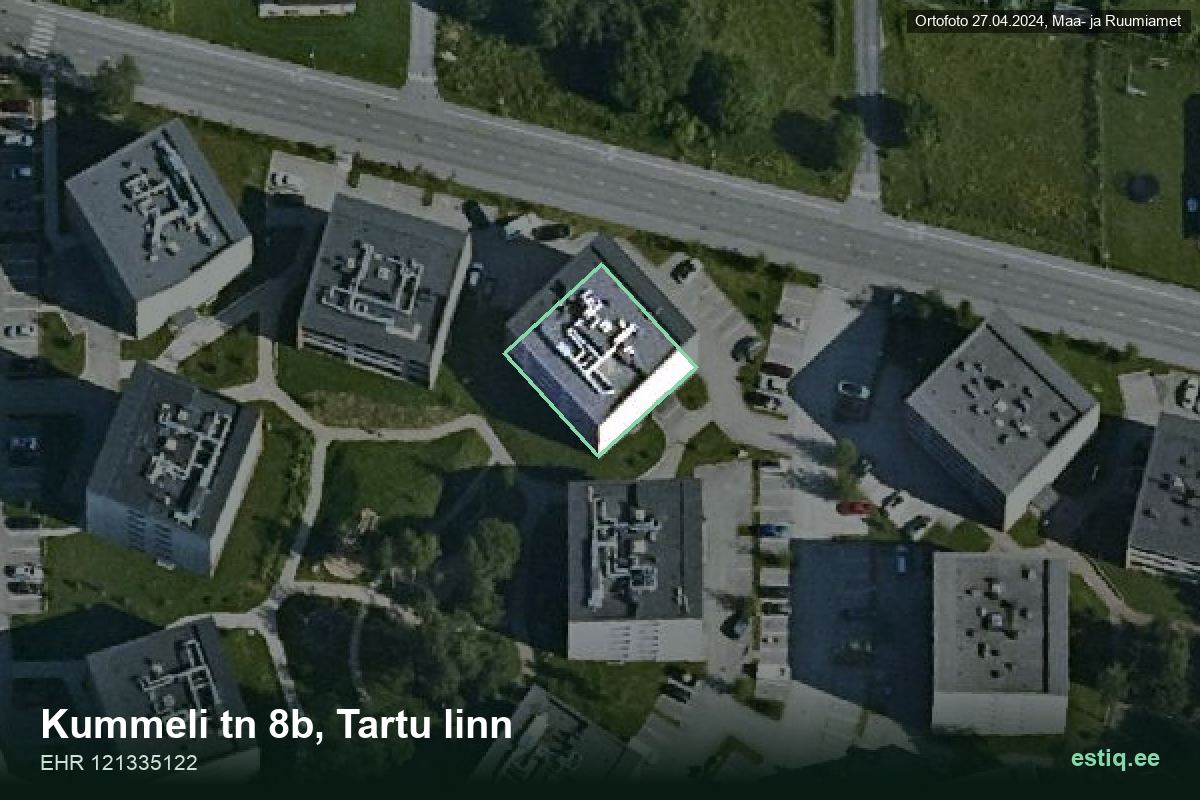 Kummeli tänav 8b, Tartu – ilmakuva rakennuksesta, ääriviiva rakennusrekisteristä (EHR)