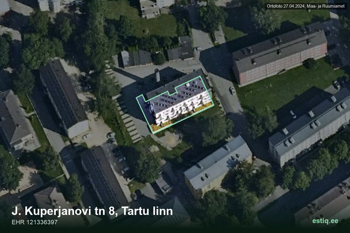 Kuperjanovi tänav 8, Tartu – hoone aerofoto, kontuur ehitisregistri (EHR) andmetest