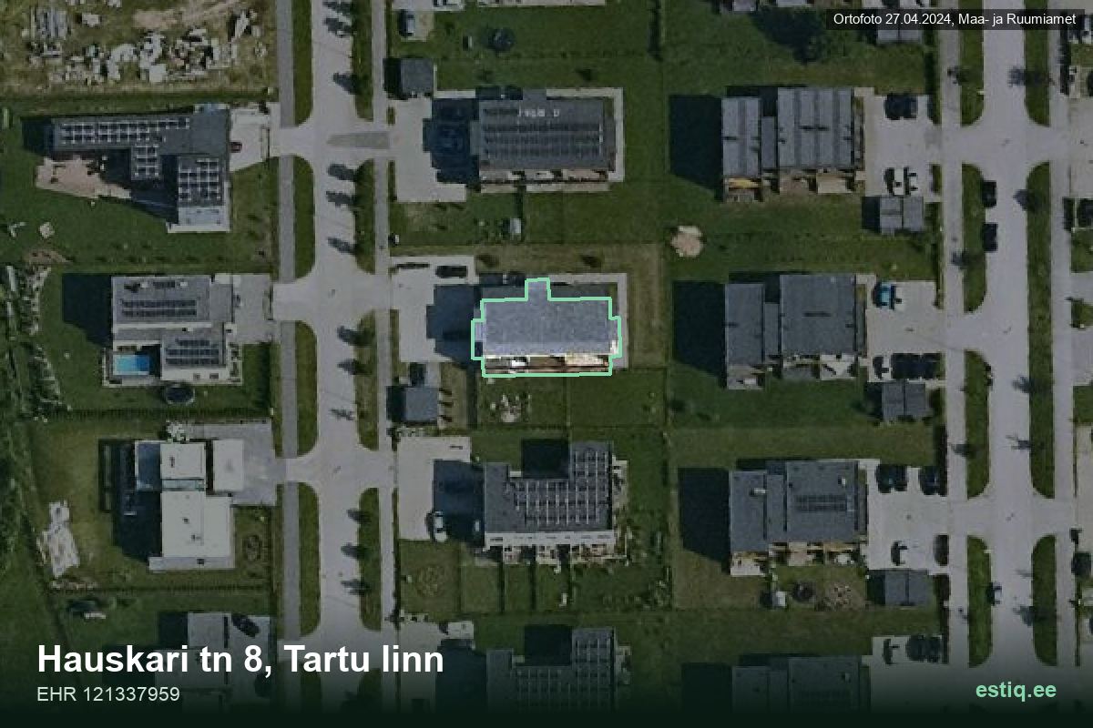 Hauskari tänav 8, Tartu – hoone aerofoto, kontuur ehitisregistri (EHR) andmetest