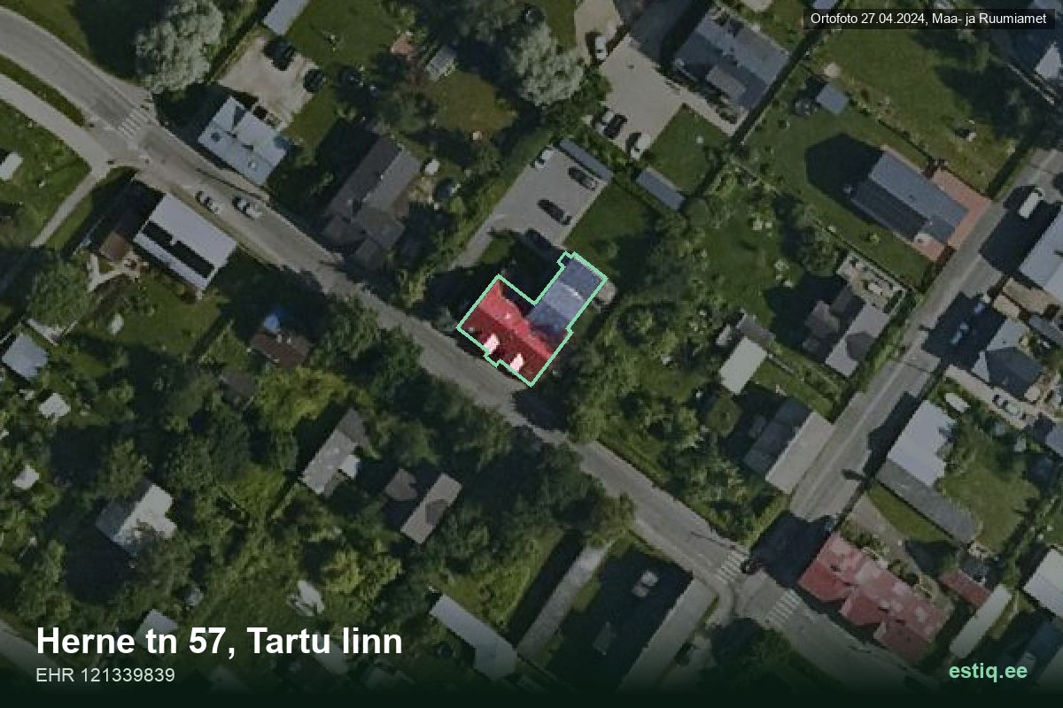 Herne tänav 57, Tartu – аэрофото дома, контур по данным регистра строений (EHR)