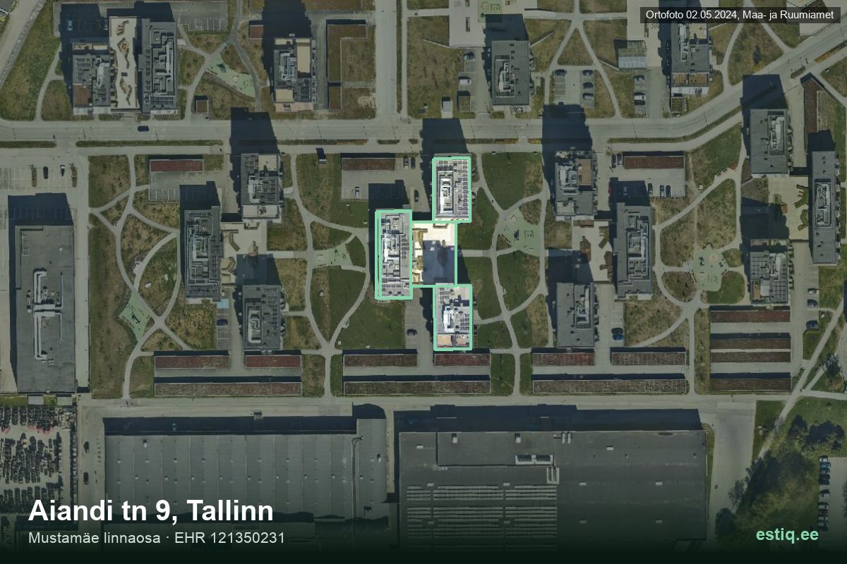 Aiandi tänav 9, Tallinn – ilmakuva rakennuksesta, ääriviiva rakennusrekisteristä (EHR)