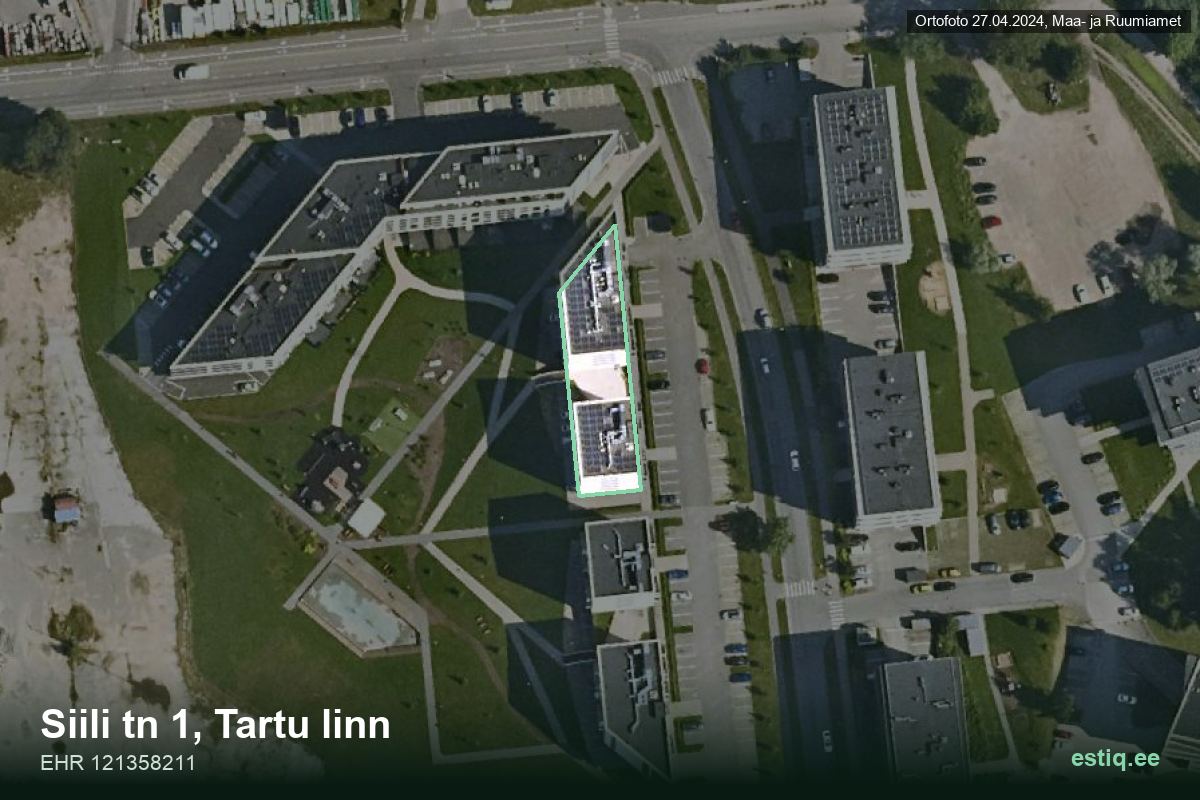 Siili tänav 1, Tartu – hoone aerofoto, kontuur ehitisregistri (EHR) andmetest