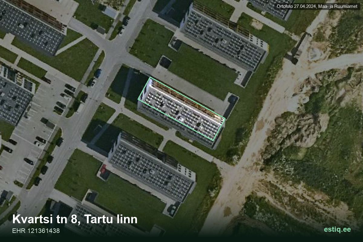 Kvartsi tänav 8, Tartu – аэрофото дома, контур по данным регистра строений (EHR)
