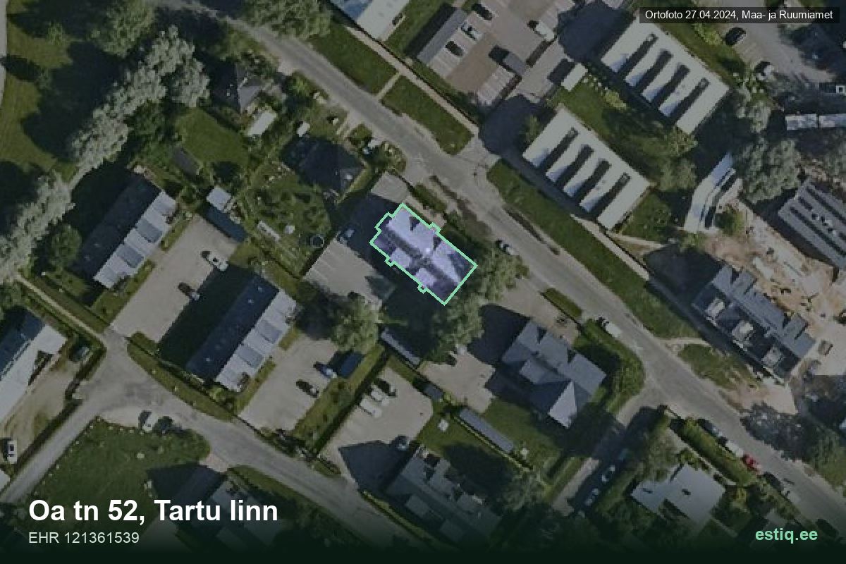 Oa tänav 52, Tartu – аэрофото дома, контур по данным регистра строений (EHR)